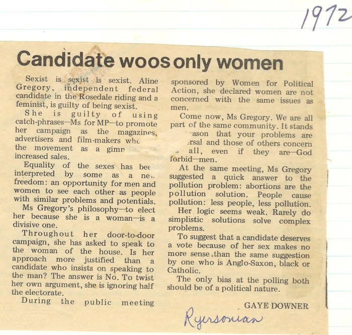 Candidate woos only women by Gaye Downer - Ryersonian 1972