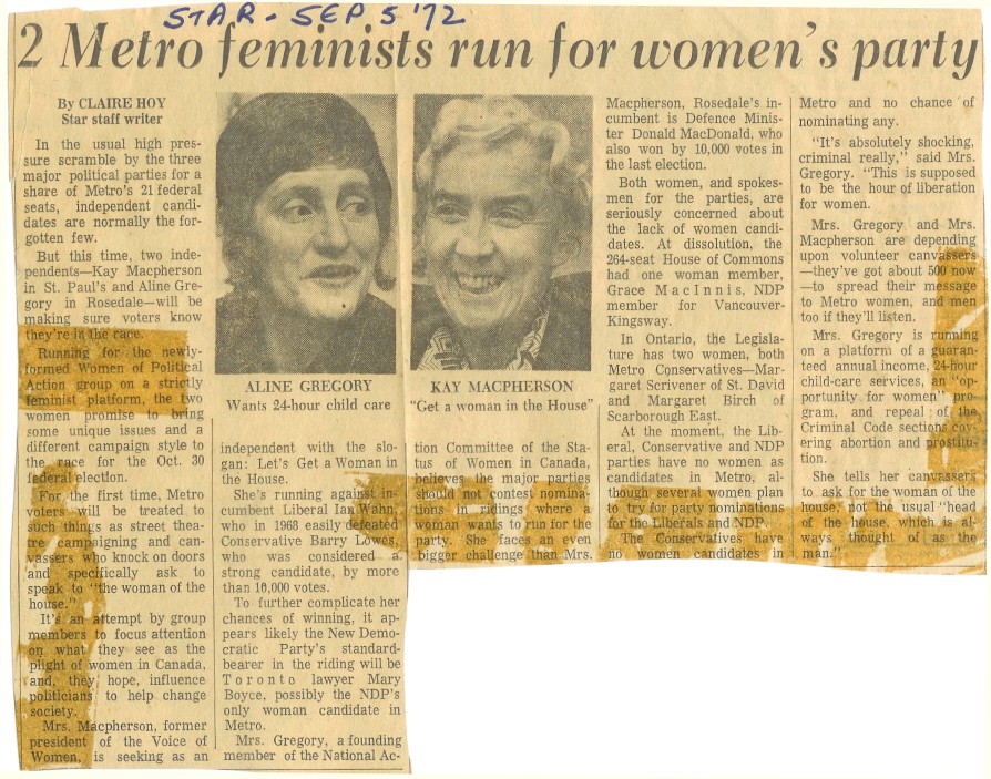 Two Metro feminists run for women's party - Toronto Star Sep 1972