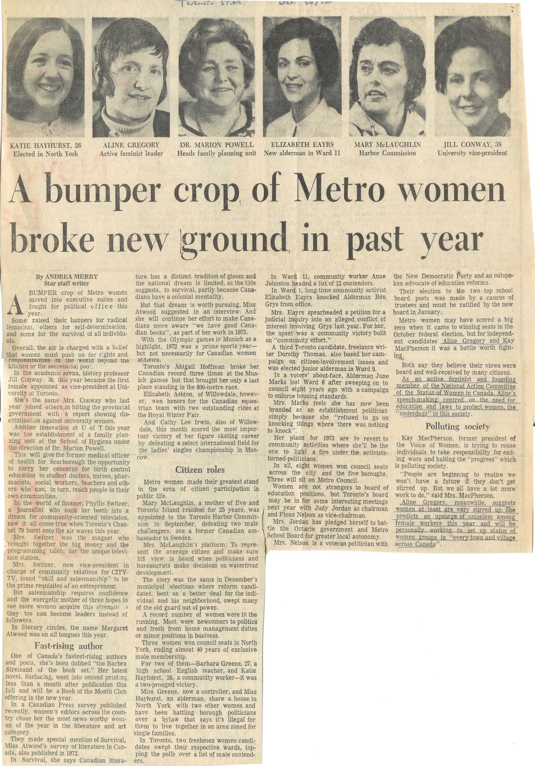A bumper crop of Metro women broke new ground in past year - Toronto Star, Dec 1972