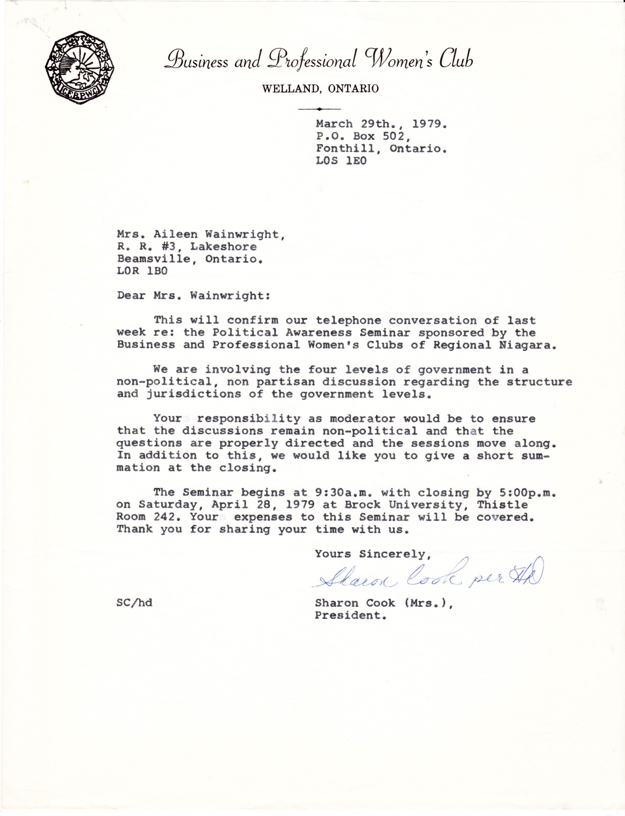 Letter to Aline from Business and Professional Women's Club - Moderator April 28, 1979- date March 29, 1979